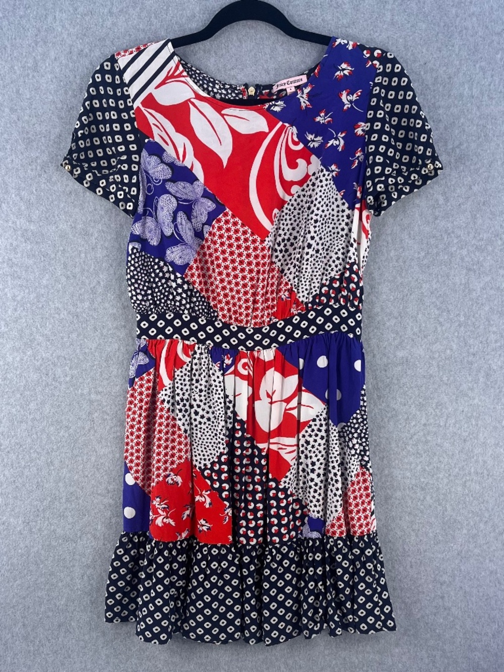 Y2K Juicy Couture 100% Silk Patchwork Babydoll Mini Dress Boho Womens size 4